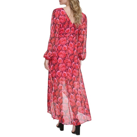 Guess Women's Floral-Print Faux-Wrap Dress Midi Dress, Dark Pink , Size 8 - Picture 2 of 7